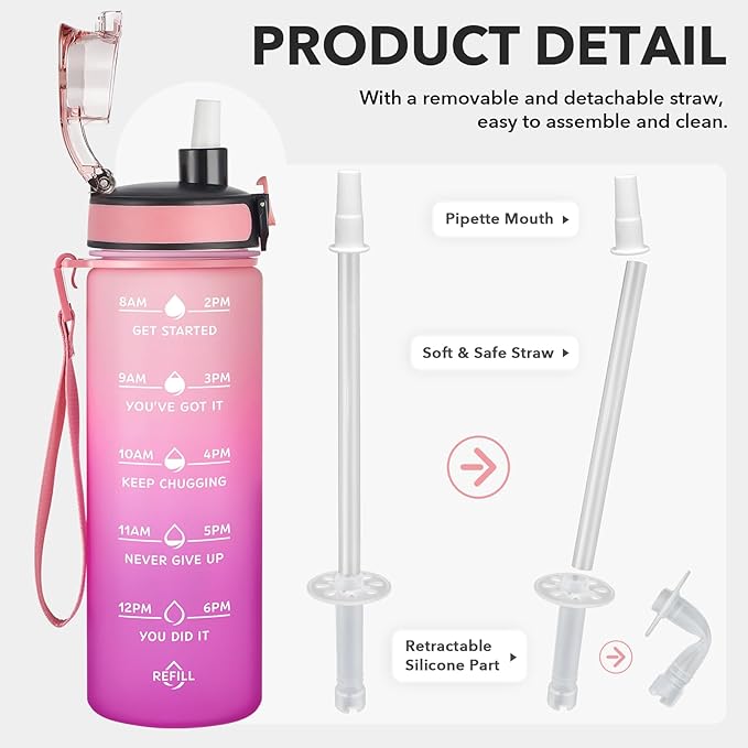 Enerbone Water Bottle, Leakproof BPA & Toxic Free, Motivational Water Bottle with Times to Drink and Straw, Fitness Sports Water Bottle with Strap for Office, Gym, Outdoor Sports