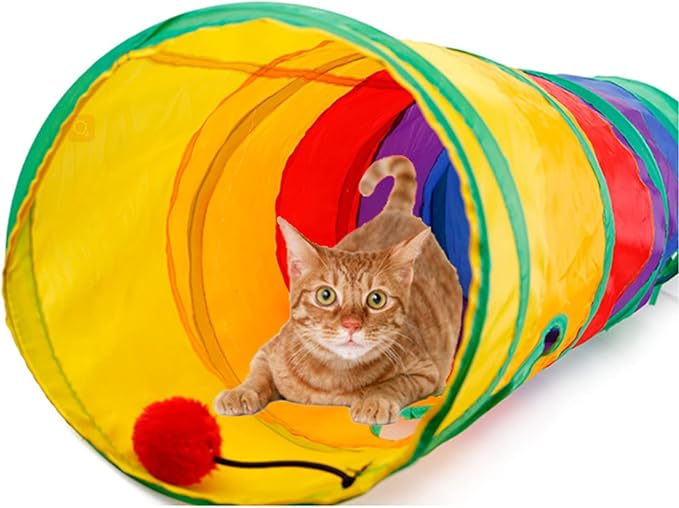 32Pcs Cat Toys Kitten Interactive Pet Toys Assortments, Foldable Rainbow Tunnel, Cat Feather Teaser Wand Interactive Feather Toy Fluffy Mouse Crinkle Balls Bell Play for Cat Puppy Kitty Kitten(2 way)
