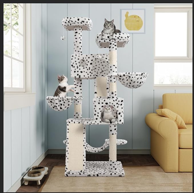 MUTICOR 66 Inches Multi-Level Large Cat Tree Tower for Indoor Big Feline/Cozy Plush Perches/Condo/Sisal Scratching Posts/Hammock and Baskets/Activity Center Play House/Wide Base/White & Black Spot