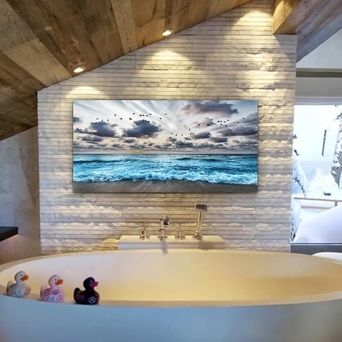 Lapremoly Black And White Beach Wall Painting Canvas Wall Art For Living Room Wall Decor For Bedroom Office Wall Decor Blue Sea Wave Pictures Artwork Modern Hotel Room Home Wall Decoration 20x40 In