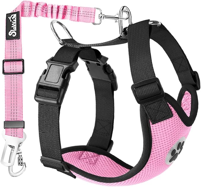 Lukovee Dog Seat Belt for Car, Adjustable Dog Car Harness for Large Medium Small Dogs, Soft Padded & Breathable Mesh Dog Seatbelt with Car Strap and Carabiner(Pink Double Clip,XX-Small)