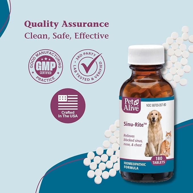 PetAlive Sinu-Rite Cat and Dog Nasal Congestion Relief - Homeopathic Tablets - Supports Temporary Relief from Sinus Congestion, Runny Nose, Facial Pressure - Dog and Cat Sneezing Treatment - 180 Count