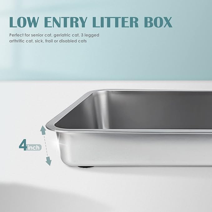IKITCHEN Stainless Steel Cat Litter Box, Large Metal Litter Box for Cats, Never Absorbs Odors,Stain Free, Rustproof, Non Stick Smooth Surface, Anti-Slip Rubber Bottom, 19.5" L x 13.5" W x 4" H