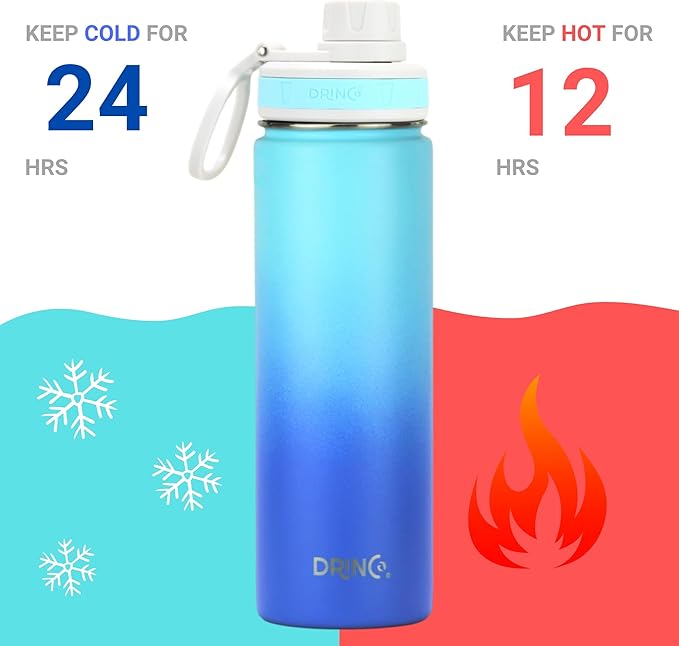 DRINCO Stainless Steel Water Bottle Spout Lid Vacuum Insulated Double Wall Water Bottle Wide Mouth (40oz 32oz 22oz 18oz 14oz) Leak Proof Keeps Cold or Hot (22 oz, 22oz Morning Sky Blue)