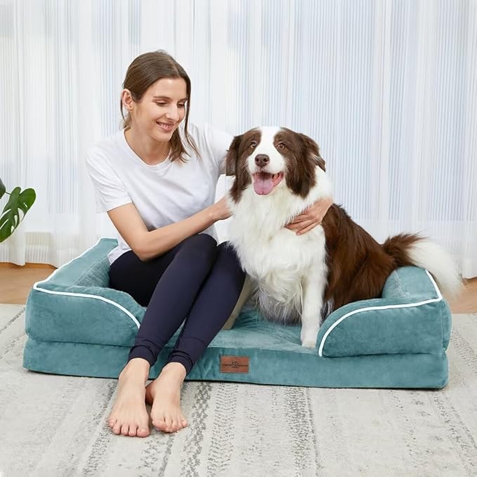 Comfort Expression Orthopedic Foam XL Dog Beds Waterproof, Extra Large Dog Bed with Bolster, Washable Pet Sofa Couch with Removable Cover & Non-Slip Bottom(X-Large,Washed Blue)