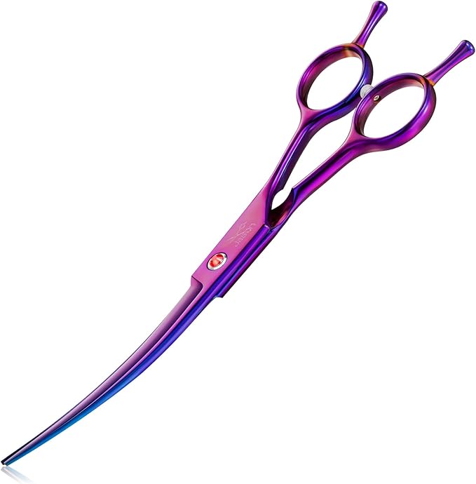 JASON Curved Shears for Dogs - 7.5" Pet Grooming Scissors with Ergonomic Handle Japanese Stainless Steel Trimming Scissor for Dogs, Cats and Other Pets, Sharp (Up-Curved, Purple)