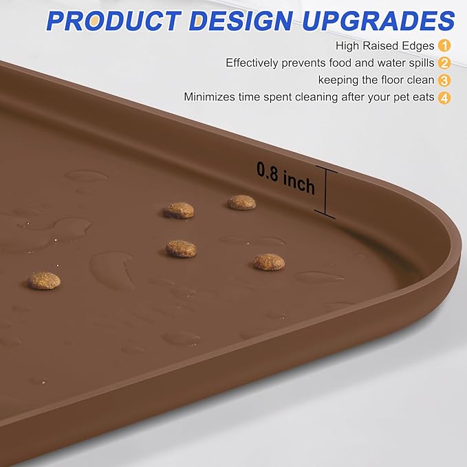 Silicone Pet Feeding Mat with Raised Edge for Food and Water, Dog Bowl Mats, Cat Bowls Placemat with High Lip for Floor Waterproof, Rubber Tray for Cats and Dogs 22 x 14 x0.8 Brown
