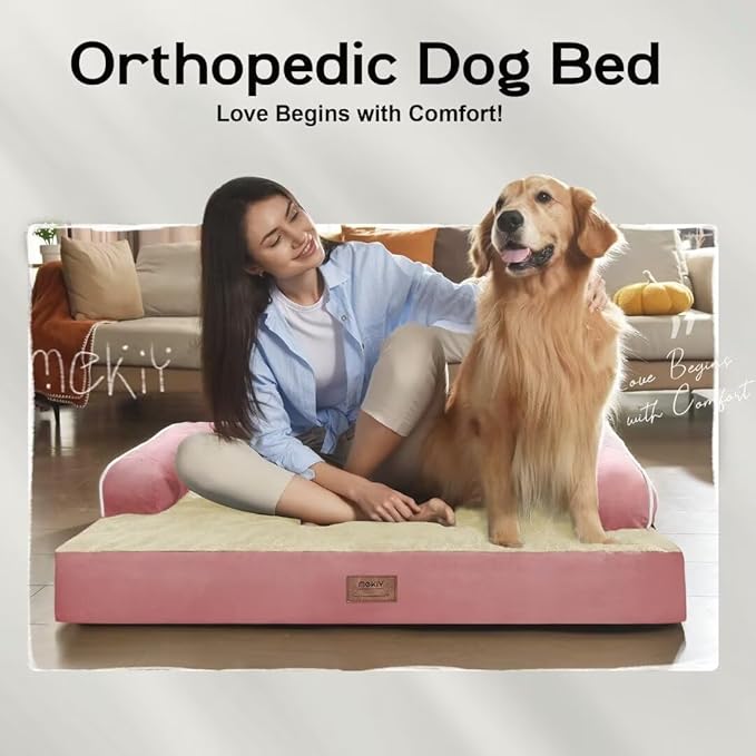 Orthopedic Washable Large Dog Bed, Pink Dog Beds with Removable Cover, Large XXXL Pet Dogs with Bolster, Washable Dogs Beds Sofa with Orthopedic Egg Foam for Medium Large Pet
