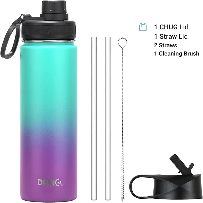 DRINCO Stainless Steel Water Bottle Spout Lid Vacuum Insulated Double Wall Water Bottle Wide Mouth (40oz 32oz 22oz 18oz 14oz) Leak Proof Keeps Cold or Hot (22 oz, 22oz Ombre Fuschia Teal)