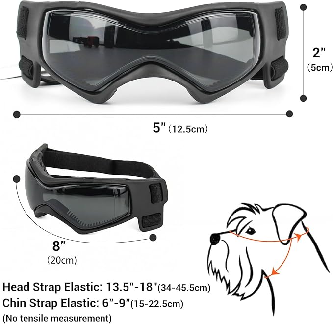 Dog Goggles Dog Sunglasses for Medium Breed UV Protection Windproof with Adjustable Head Straps Chin Straps for Ride Car/Hiking Travel/On Beach-Black