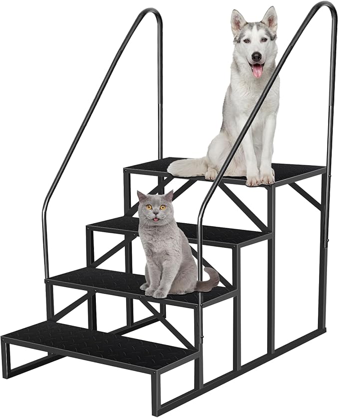 RV Step Stool, 4 Step Ladder, Hot Tub Steps with Handrail, Portable Pool Ladder, 660Lbs Heavy Duty Ladder Shelf Outdoor Mobile Home Stairs for Camper/Porch/SPA Pool/Pet Stairs(2 handrails)