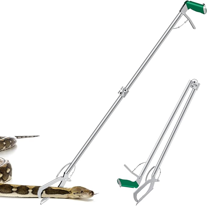 60“ Snake Tongs Collapsible Grabber, Professional Reptile Snake Catcher Wide Jaw Handling Tool, Stainless Steel Snake Hook