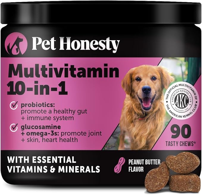 Multivitamin Dog Supplement, Glucosamine chondroitin for Dogs, Probiotics, Omega Fish Oil, Dog Supplements & Vitamins, Vitamins for Skin and Coat Allergies, (Peanut Butter 90 ct)