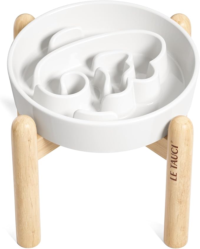 LE TAUCI Ceramic Slow Feeder Dog Bowls Elevated, 3 Cup Raised Bowl with Wooden Stand for Medium Large Breed, Slow Down Eating, Puzzle Dog Food Bowl, Angel White