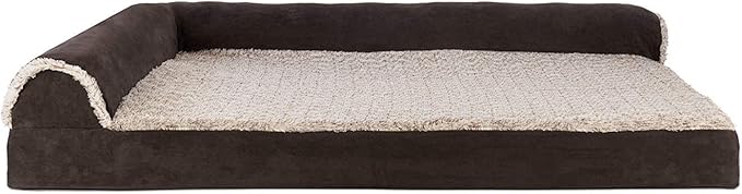 Furhaven Cooling Gel Dog Bed for Large Dogs w/ Removable Bolsters & Washable Cover, For Dogs Up to 95 lbs -Two-Tone Plush Faux Fur & Suede L Shaped Chaise- Espresso, Jumbo/XL, 40.0"L x 32.0"W x 8.0"Th
