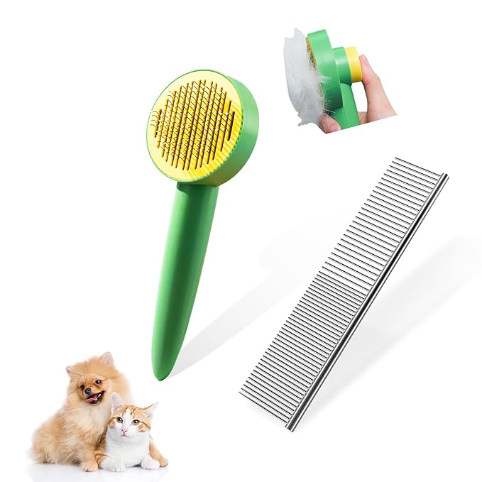Dog & Cat Brush,Pet Grooming Kit 2PCS- Cat Brush for Shedding| Pet Metal Comb. Self-Cleaning Slicker Brush for Short and Long Hair. Removes Undercoat, Loose Hair, Tangled, Dirt and Massages.