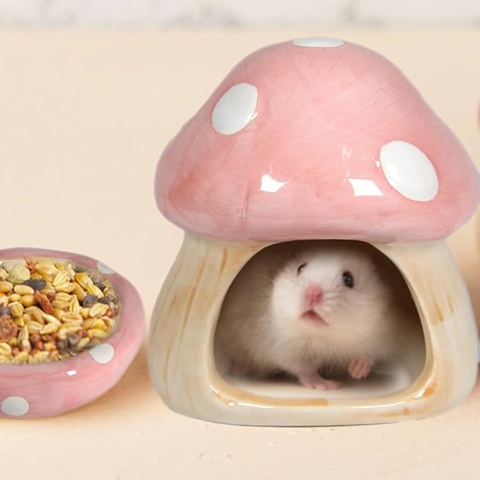 Ceramic Mushroom Guinea Pig House Hamster Hide Bed Includes Hamsters Food Bowl Guinea Pig Hideout for Hamster Chinchilla Hedgehog Rat Small Animals(Pink Mushroom Set)