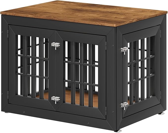 38" Heavy Duty Dog Crate Furniture for Small,Medium and Large Dogs,Rustic Wooden Dog Cage Kennel Indoor Furniture with Waterproof Top,Decorative Pet House Side End Table (Black & Wood)