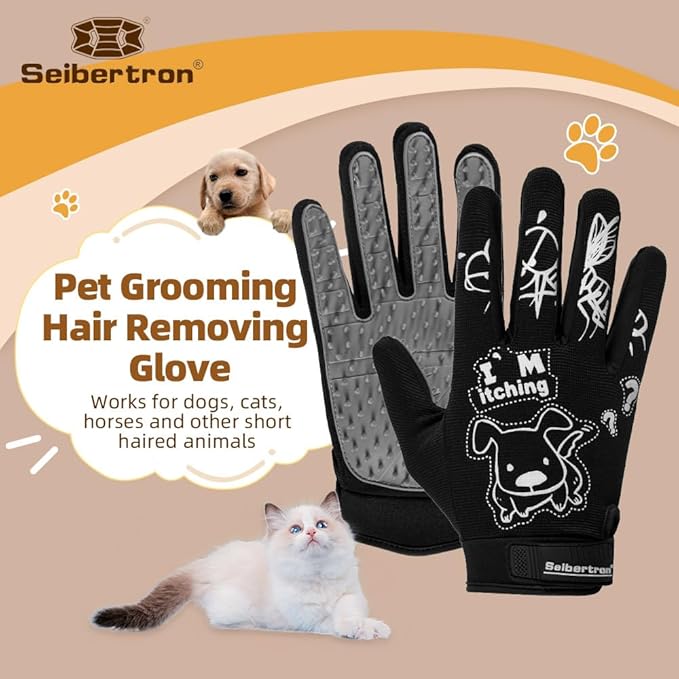 Seibertron Patented P.G.M.G-1 Pet Hair Remover/Deshedding Grooming Gloves Seven Sizes Fit All Works for Dogs, Horses, Cats and Other Animals Short Fur(1-Pair) Adult Black XXS