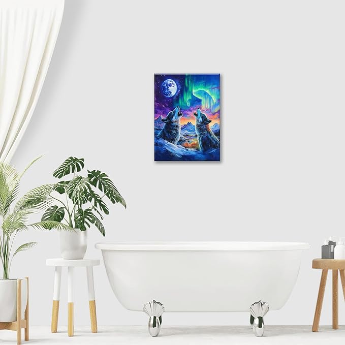 Wolf Wall Art Wolves Canvas Wall Decor Prints Framed Painting Aurora Pictures Gifts Artwork for Bathroom Bedroom Living Dining 16"x20"