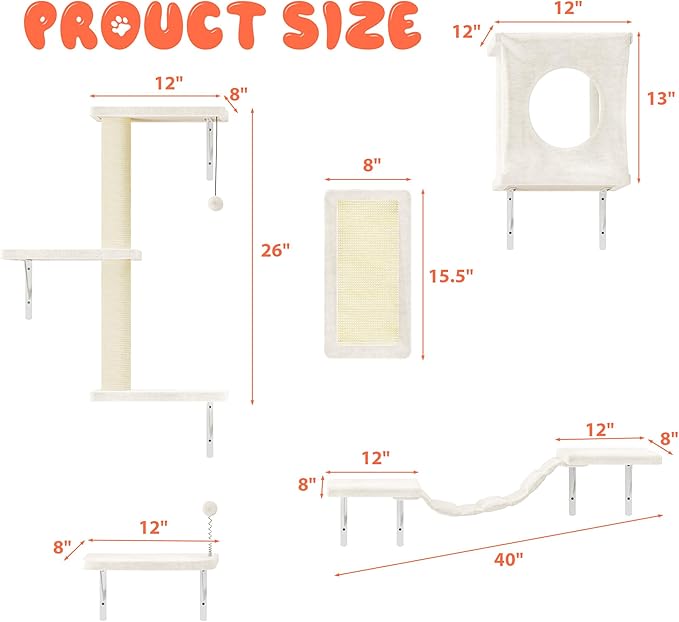 NUNU LAB Wall Mounted Cat Furniture, 5 Pcs Cat Wall Shelves with House, Bridge, Steps, Scratching Post, Shelves, Indoor Safe & Stable Furniture for Kittens Play, Beige