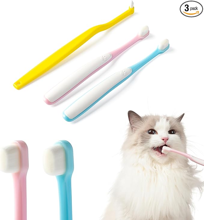 E.M&S.T by Emmeliestella Small Dog & Cat Toothbrush Micro Head, Cat Dental Care, Pets Toothbrush, Oral Hygiene, Easy to Handle, Deep Clean, Extra Soft Bristles, Independent Packaging, Blue&Pink 3PCS
