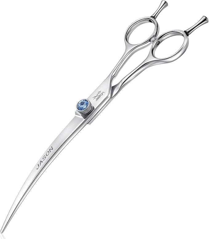 JASON 7" Curved Dog Grooming Scissors, Ergonomic Pets Cats Trimming Shears with Offset Handle and a Jewelled Screw for Right Handed Groomers, Sharp, Comfortable