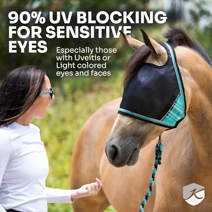 Kensington 90% UV Fly Mask Halter CatchMask UViator - Without Ears & Forelock Freedom Web Trim *Roomy Fit*- Large, Desert Sand