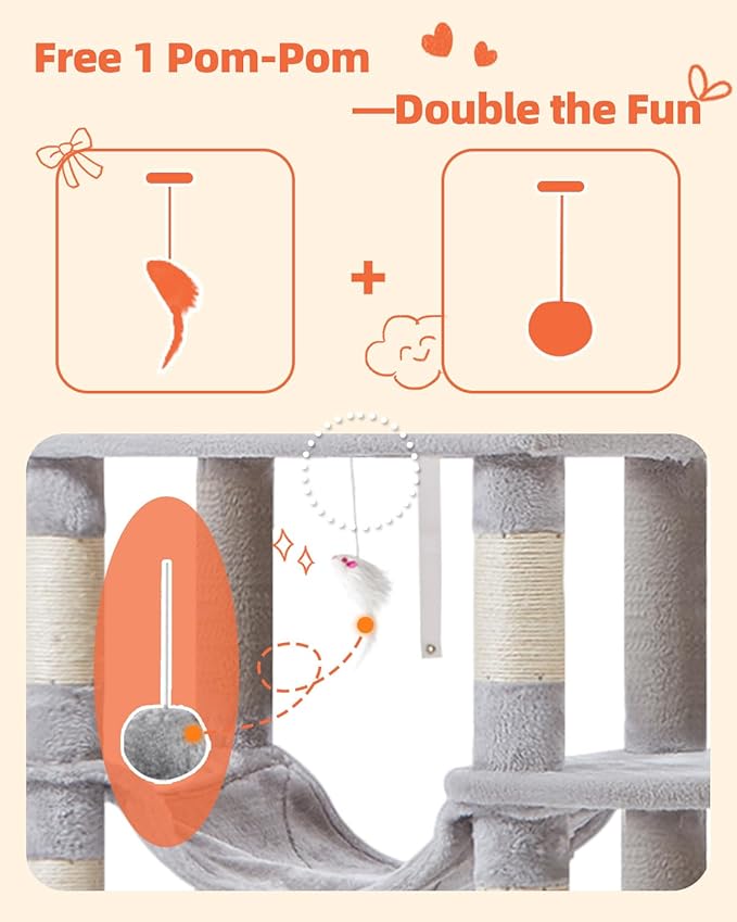 Taoqimiao 66-Inch Cat Tree Cat Tower for Indoor Cats, Plush Multi-Level Cat Condo with 7 Scratching Posts, 2 Perches, 2 Caves, Hammock, 2 Pompoms MS013W Light Gray