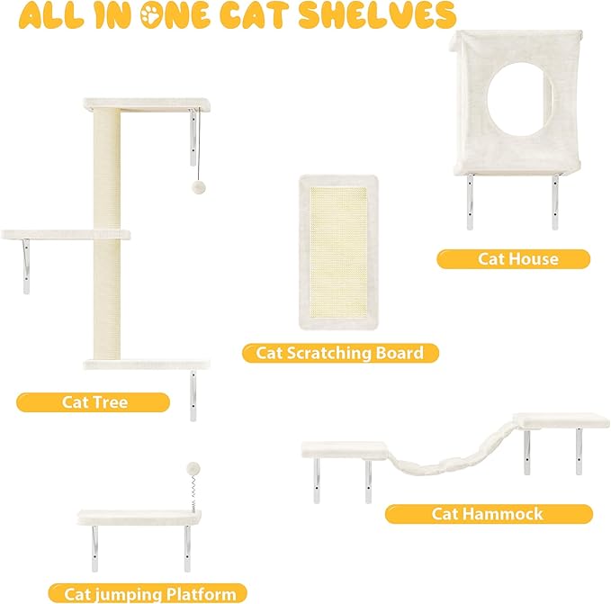 NUNU LAB Cat Wall Shelves, 10-in-1 Wall-Mounted Cat Furniture Set, Large Cat Climber Set with House, Bridge, Steps, Scratcher, DIY Playground, Shelves for Indoor Wall Furniture Set - Beige
