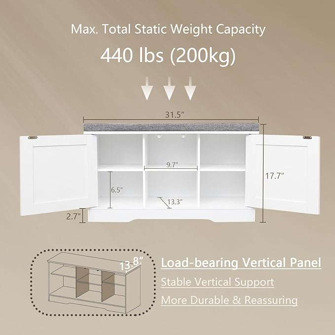 DINZI LVJ Shoe Bench, Entryway Storage Bench with Doors, Cushion, 2-Tier Shoe Rack with 6-Cubby, 31.5”L x 13.8”W Shoe Organizer Cabinet, Adjustable Shelf, Living Room, Bedroom, White
