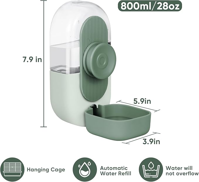 28oz Hanging Automatic Water Dispenser，Rabbit Water Bottle,Bunny Guinea Pig Ferret Water Bowl for Cage,Suitable for Small Animal Puppies(Cage Grid Spacing Over 1.2'') (Green)