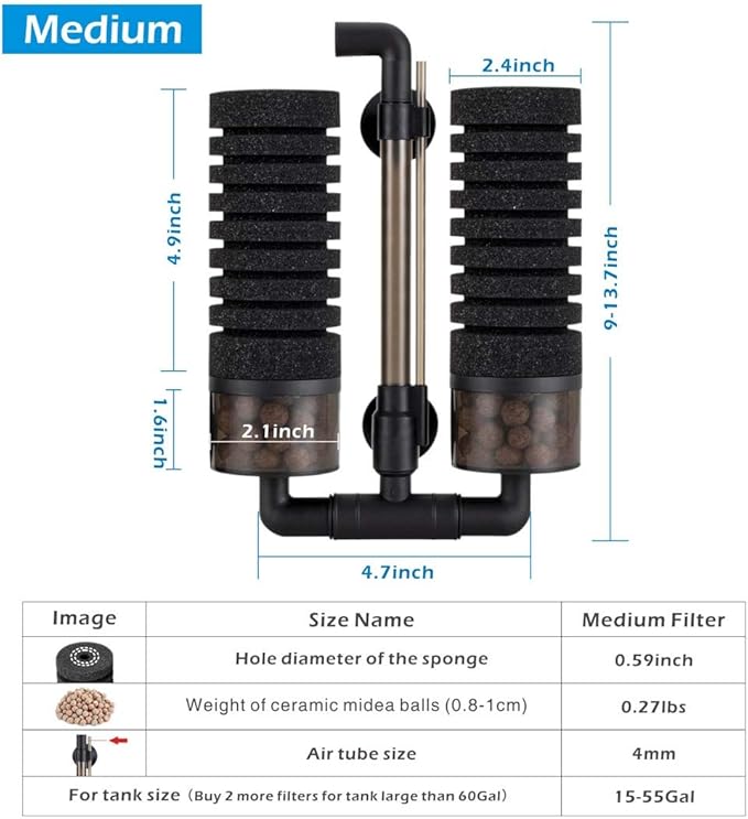 hygger Sponge Filter, Aquarium Filter Double Sponge Replaceable Media with 4 Biochemical Sponges and 1 Bag of Filtered Ceramic Balls Ultra Quiet Filter Fish Tank (S/M) (M for 15 to 55 Gallon Tank)