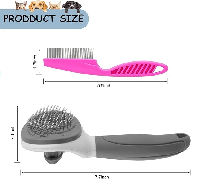 Cat Brushes for Indoor Cats, Dog Brush for Shedding with Metal Cat Comb, Self Cleaning Pet Hair Brush with Release Button for Grooming Kitten(Dark Grey)