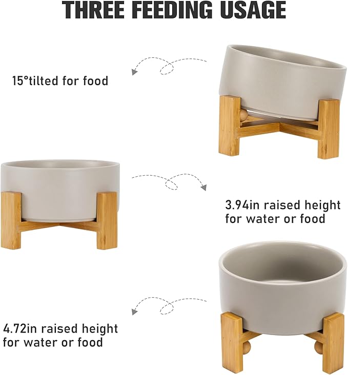 SPUNKYJUNKY 15° Slanted Ceramic Dog and Cat Bowl with Wooden Stand, Tilted Bulldog Food and Water Bowl No Slip Non-Spill for Cats Medium Dogs Big Face Pets 28.7 OZ (3.6 Cups, Grey)