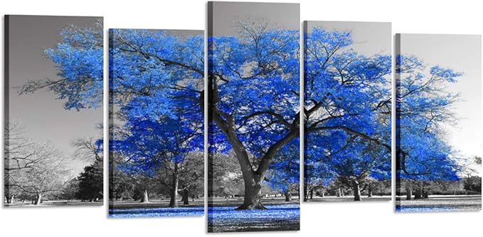 KREATIVE ARTS Canvas Print Wall Art Painting Contemporary Blue Tree In Black And White Style Fall Landscape Picture Modern Giclee Stretched And Framed Artwork (XLarge Size 80x40inch)