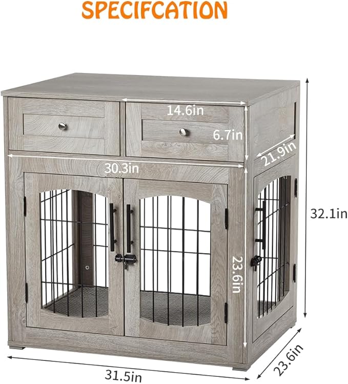 Dog Crate Furniture for Medium Dogs, Wooden Dog Kennel Indoor with Double Doors, Dog Cage with Cushion & Drawers, Dog House Side End Table for Small Medium Dogs up to 45 lb, 31.5” L, Grey