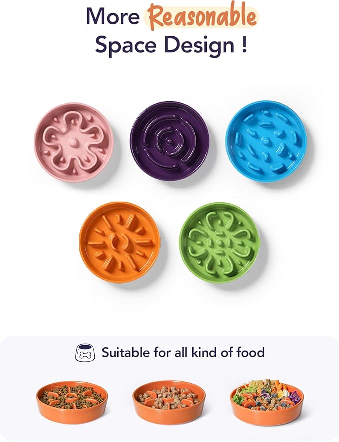 LE TAUCI Ceramic Slow Feeder Puzzle Bowl Elevated 1.5 Cup with Wooden Stand for Small & Medium Dog, Fast Eater Food Bowl Sun Orange