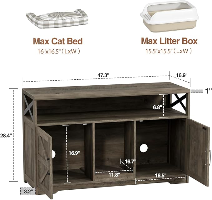 Cat Litter Box Enclosure for 2 Cats, 47" Double Hidden Litter Box Furniture with Scratch Pad, Farmhouse Indoor Litter Box Cabinet Cat Washroom, Grey