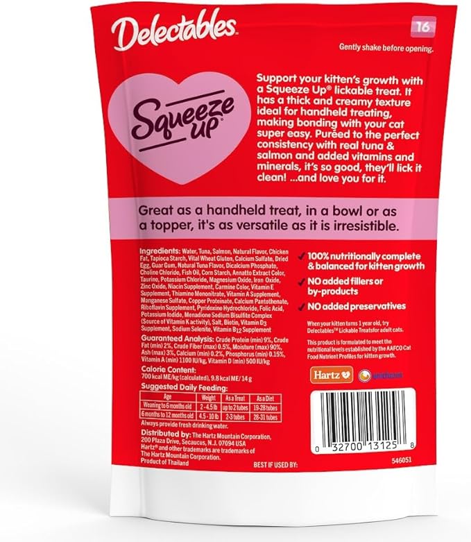 Delectables Squeeze Up Kitten Creamy Squeezable Puree, Lickable Wet Cat Treats, Grain Free, No Added Fillers, No By-Products, No Added Preservatives, 0.5 Ounces Tube Tuna & Salmon, 32 Tubes Total