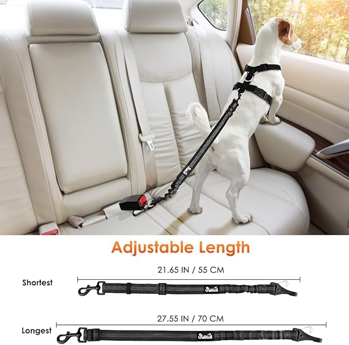 SlowTon Dog Seat Belt, Adjustable Dog Safety Belt Leash, 2 in 1 Latch Bar Attachment Dog Car Seatbelt with Elastic Nylon Bungee Buffer, Reflective Nylon Belt Tether Connect to Dog Harness (2Black)