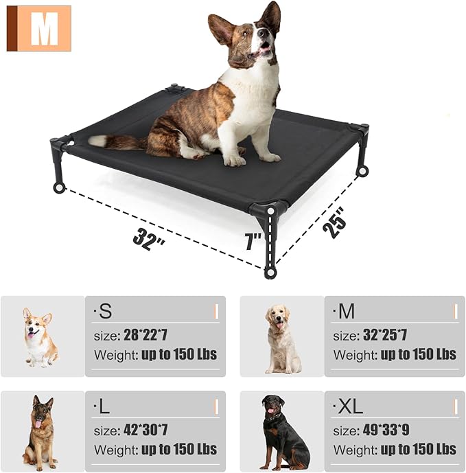 Elevated Dog Bed for Medium Dogs, Raised Cot Fits Up to 150 LBs, Heavy Duty With Durable Supportive Teslin Recyclable Washable Mesh, Indoor & Outdoor Use, Green