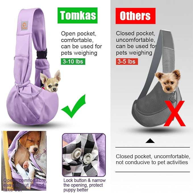 Tomkas Small Dog Sling Carrier - Zipper Pocket & Adjustable Strap - for 3-10 lbs Pets(Light Purple)