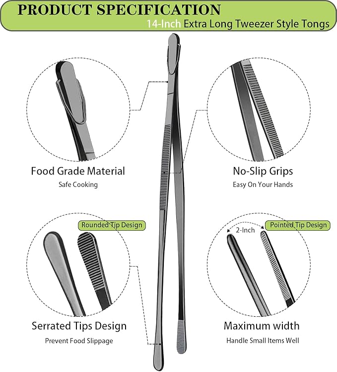 JETKONG 2 Pcs 14-Inch Food Tweezer Tongs Extra Long Stainless Steel Kitchen Tweezer Cooking Tweezers (Black)
