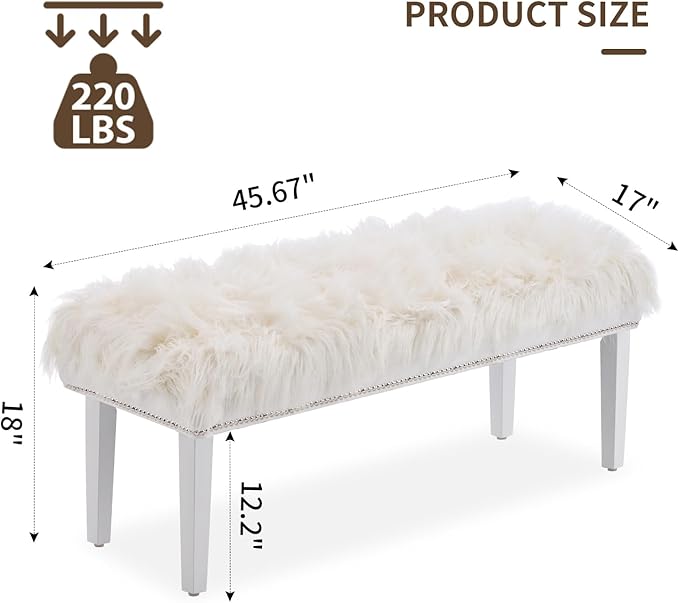 46 Inch White Bedroom Bench, Modern Multi-Purpose Bench with Wooden Legs, White Faux Fur Upholstered Bench for Bedroom, Living Room, or Entryway