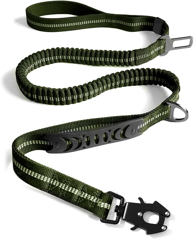 Heavy Duty Tactical Bungee Dog Leash, 4-6FT Shock Absorbing Tactical Dog Leash with 2 Padded Handles, Metal Carabiner Clip, Car Seatbelt, Reflective for Medium Large Dogs (ArmyGreen)