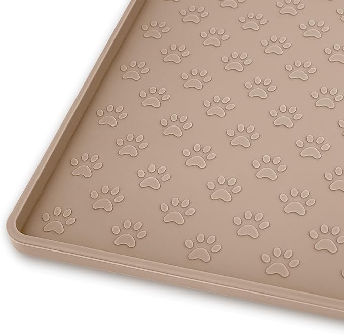 Ptlom Silicone Dog Food Mat Waterproof Pet Feeding Mat with High-Lips, Anti-Slip Dog Bowl Mat for Food & Water, Non-Spill Puppy Feeding Tray for Small, Medium & Large Dogs and Cats, Taupe