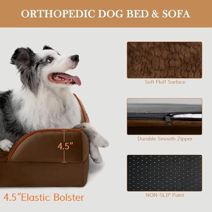 Comfort Expression Large Dog Beds Orthopedic Foam, Waterproof Dog Beds for Dogs, Comfy Pet Bed Sofa with Washable Removable Cover & Non-Slip Bottom(Large,Chocolate Brown)