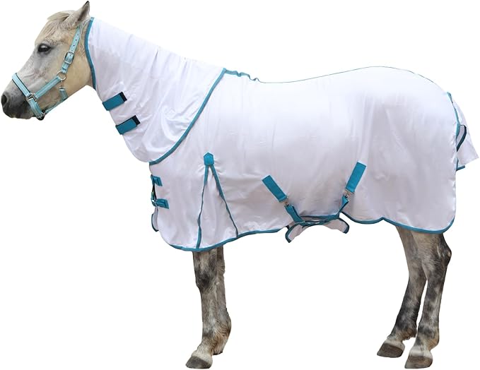 Horse Fly Sheet with Detachable Neck Cover & Belly Wrap, Adjustable Fly Sheet for Horses, Ventilated Airflow Mesh Equine Cooling Summer Flysheet White 72