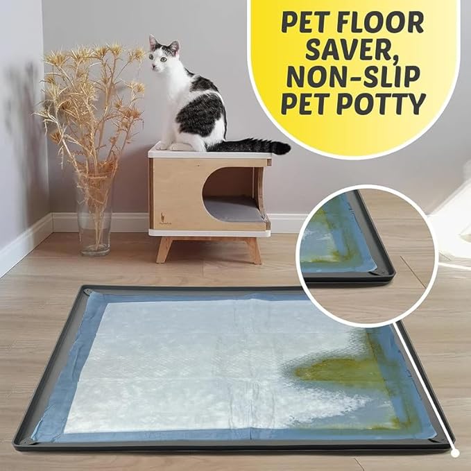 TidyFriend Puppy Pad Holder Tray Fits for 28” x 34” Pee Pads with Corner Lock Holes, Raised Edges, Non-Spill, Easy to Clean Silicone Puppy Potty Tray Holder, for Indoor Floor Protection (Grey)